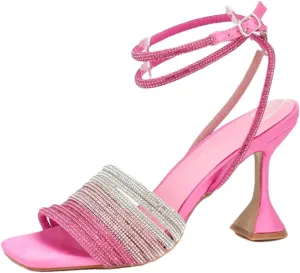Women’S Elastic Band Rhinestone Slingback Spike Heel Pumps With Crystal Details Square Toe And Buckle Strap Closure Shoes