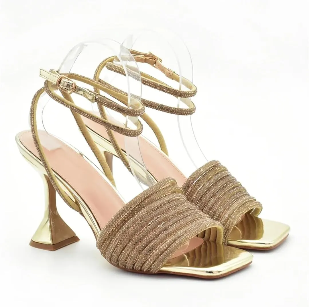Women’S Elastic Band Rhinestone Slingback Spike Heel Pumps With Crystal Details Square Toe And Buckle Strap Closure Shoes