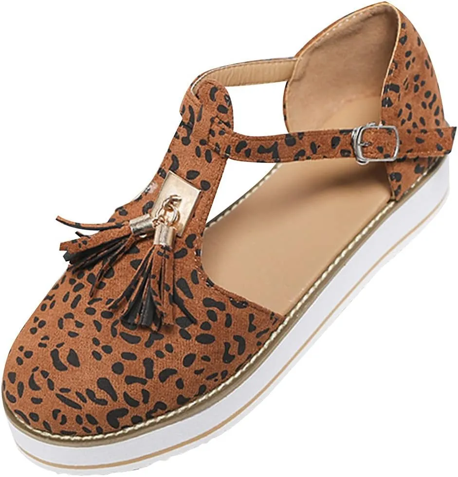 Women's Flatform Sandals,Soft Sole Comfy Flats Platform Tassels Canvas Shoes Closed Toe Sandal Summer Casual Suede Loafers