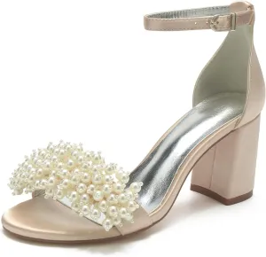 Women's High Block Heel Chunky Ankle Strap Pearl Sandals Wedding Dress Shoes High Heel Pump Shoes