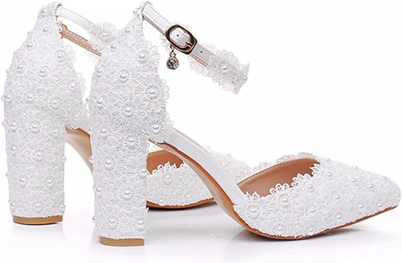 Women's High Heel Pumps Pointed Closed Toe Sandals White Lace Pearls Strap Chunky Heels Bridal Wedding Party Shoes