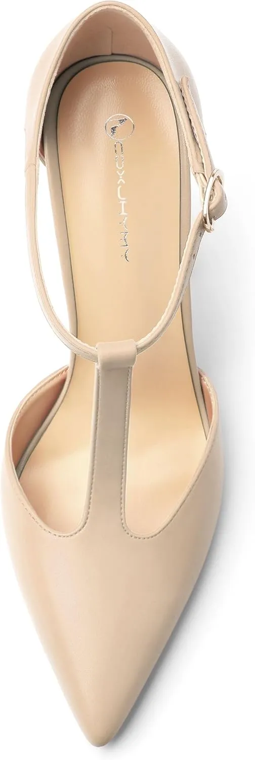 Women's High Heel Pumps, Simple Classic T-Strap Pointed Toe Dress Shoes,Party Dress Sandals3.9