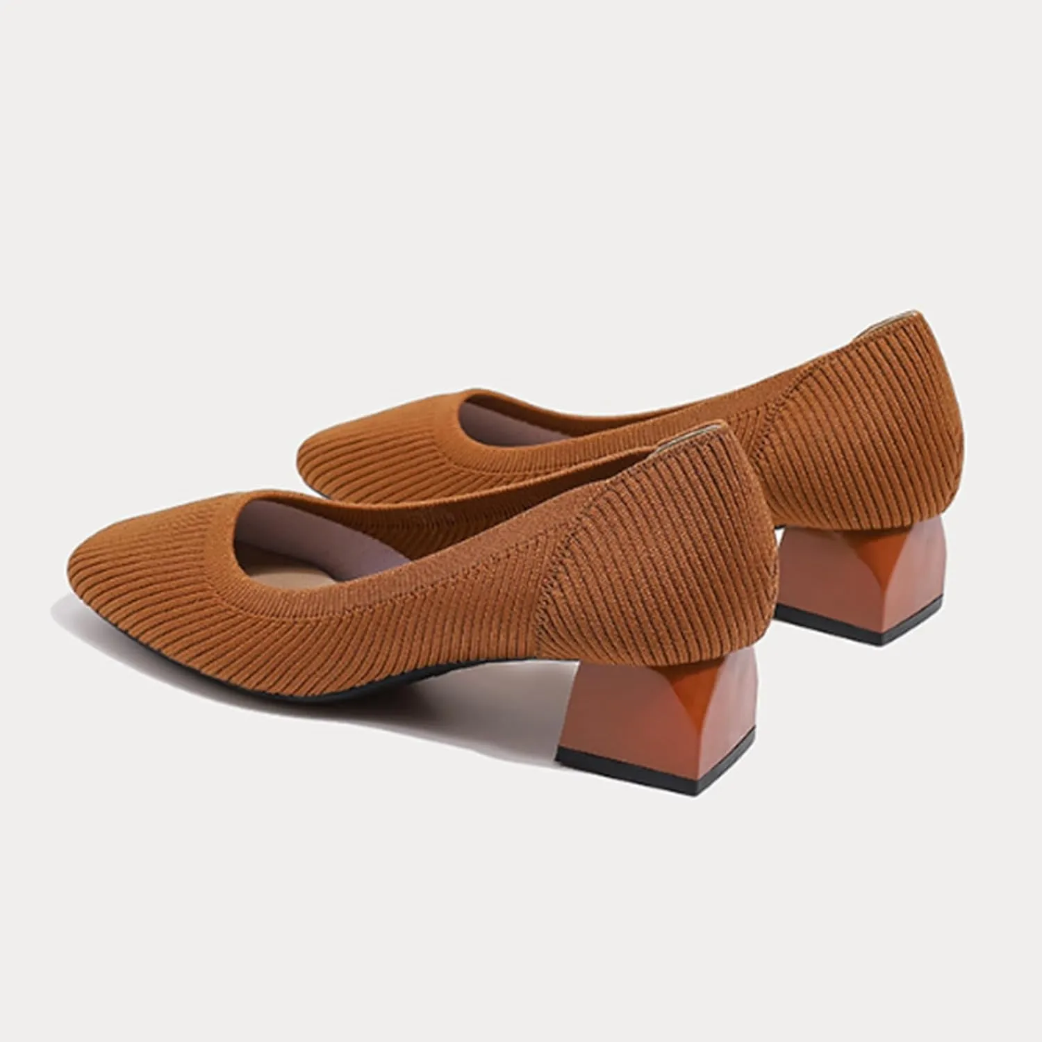 Women's Knit Chunky Heel Pumps Squar, Classic Knit Square Toe Pumps Shoes Slip On Casual Dress Shoes