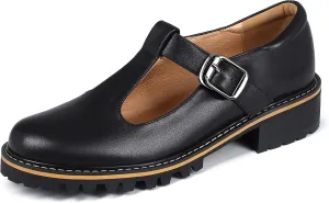 Women's Leather Oxford Mary Janes Shoes Flats Chunky Low Heels Platform Sewing Retro Classics Round Toe Ankle Strap