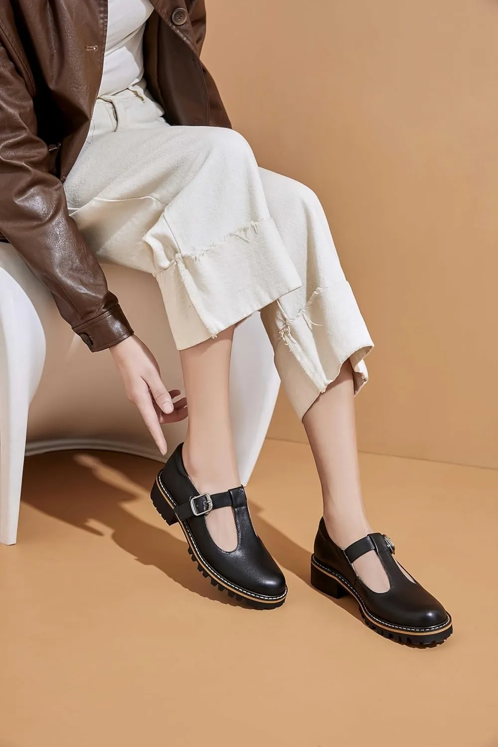 Women's Leather Oxford Mary Janes Shoes Flats Chunky Low Heels Platform Sewing Retro Classics Round Toe Ankle Strap