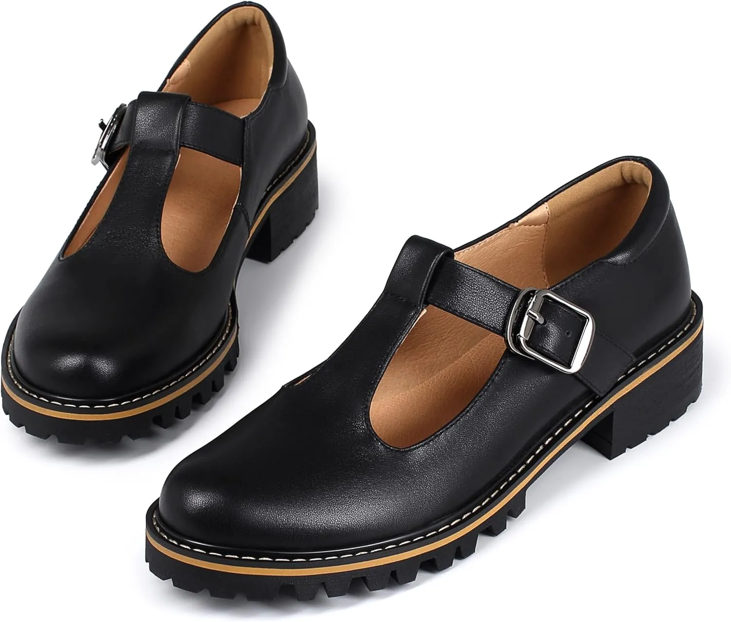 Women's Leather Oxford Mary Janes Shoes Flats Chunky Low Heels Platform Sewing Retro Classics Round Toe Ankle Strap