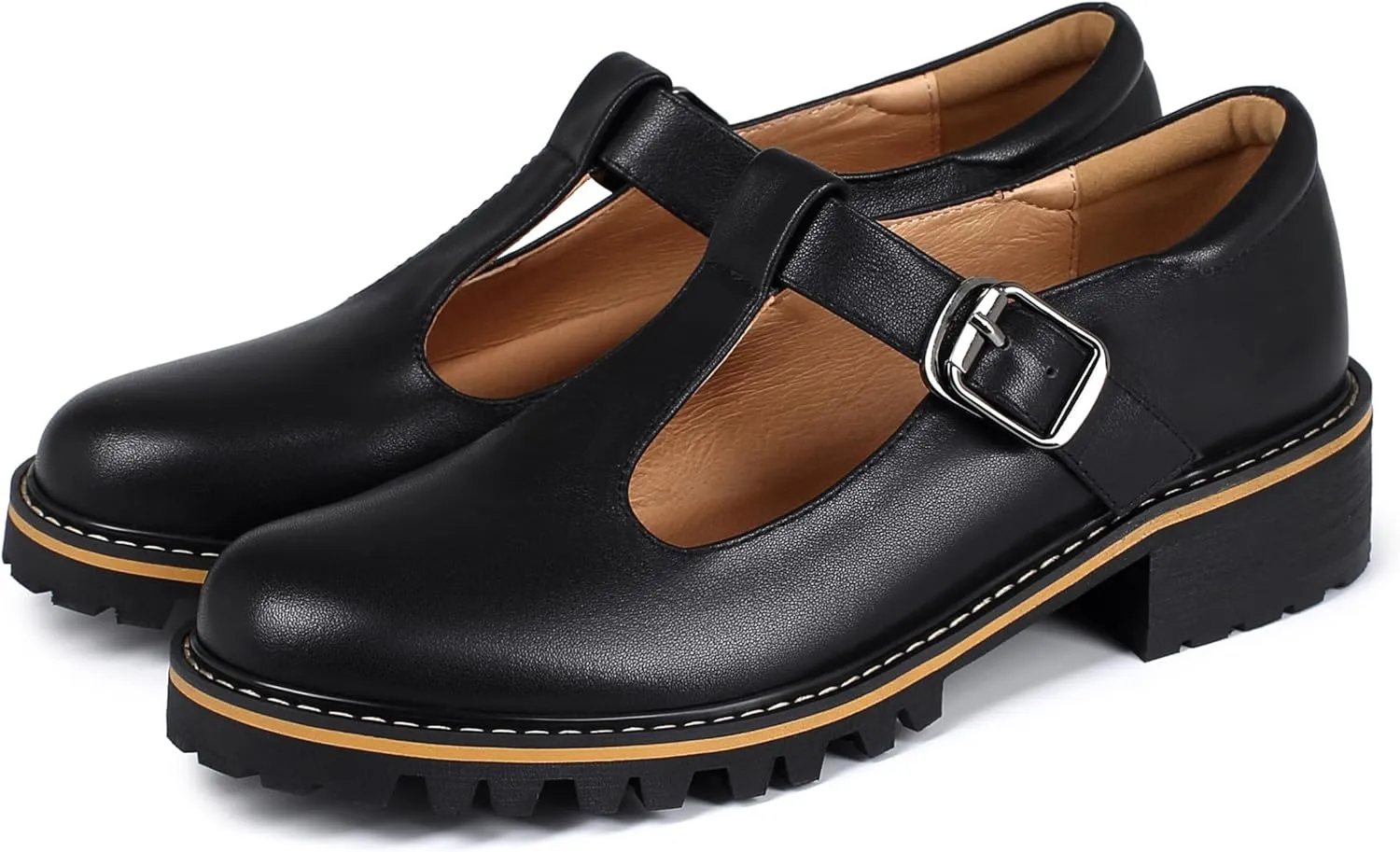 Women's Leather Oxford Mary Janes Shoes Flats Chunky Low Heels Platform Sewing Retro Classics Round Toe Ankle Strap