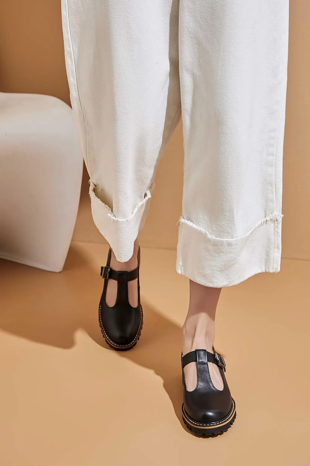 Women's Leather Oxford Mary Janes Shoes Flats Chunky Low Heels Platform Sewing Retro Classics Round Toe Ankle Strap