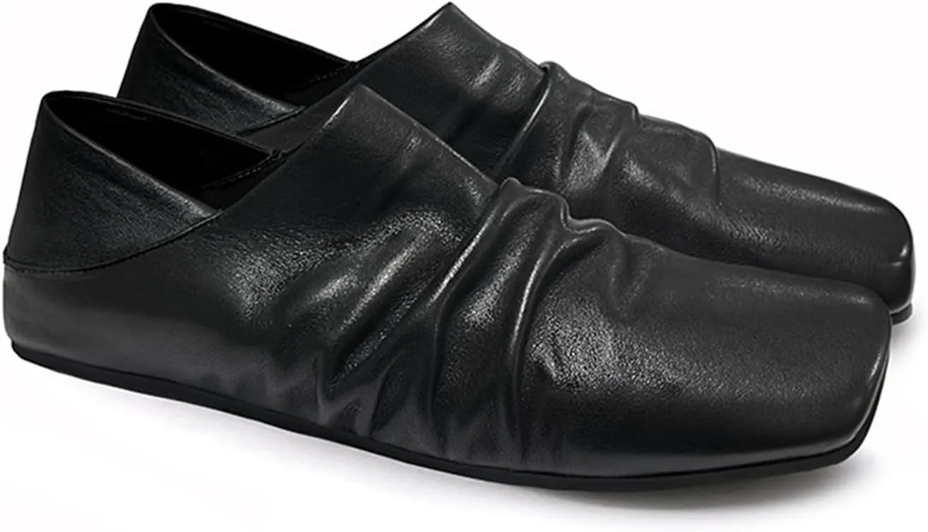 Women's Leather Wrinkled Square Toe Flat Mules Comfort Slip On Soft Sole Ballet Flats Casual Backless Office Work Loafers Women's Mules & Clogs