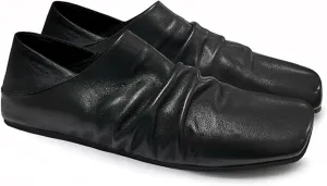 Women's Leather Wrinkled Square Toe Flat Mules Comfort Slip On Soft Sole Ballet Flats Casual Backless Office Work Loafers Women's Mules & Clogs