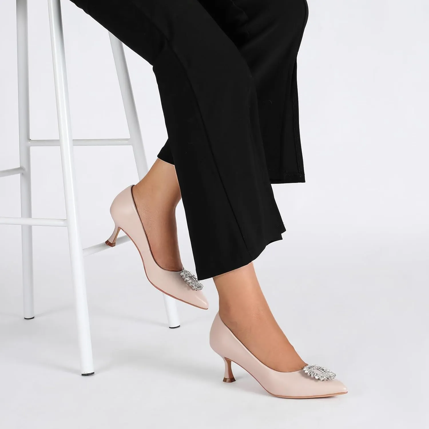 Women's Low Heels Pump Genuine Leather Kitten Heel 2.3 inch Pointy Toe Daily Pumps