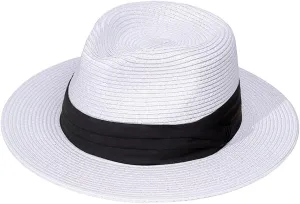Womens Mens Wide Brim Straw Panama Hat Fedora Summer Beach Sun Hat Straw Hat Teardrop Crown with Ribbon Band