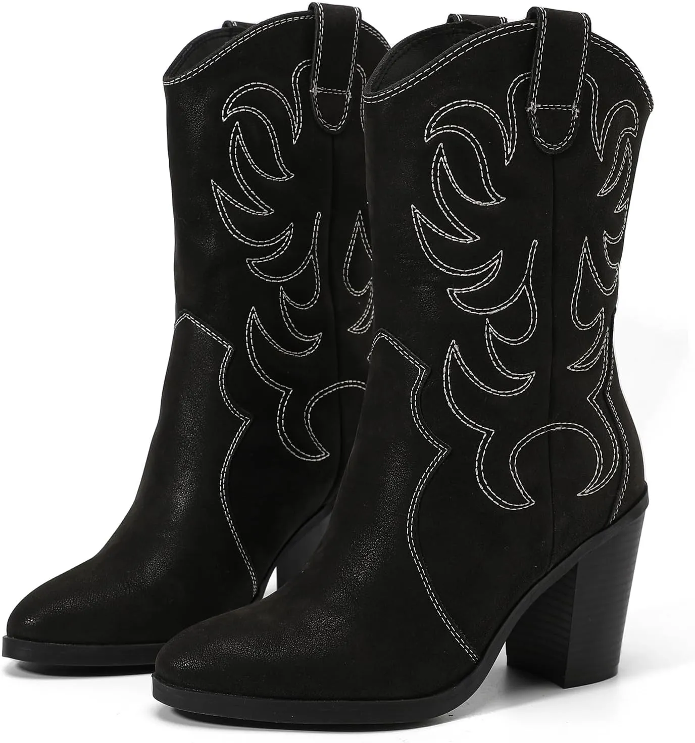 Women's Mid Calf Western Boots Pointed Toe Cowboy Boots Chunky Pump Heel Cowgirl Boots.