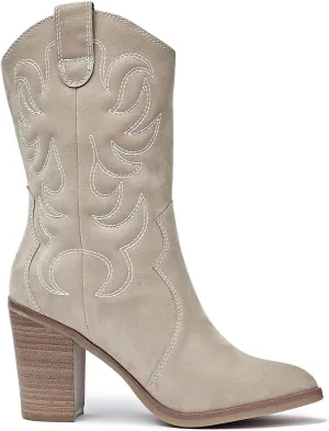 Women's Mid Calf Western Boots Pointed Toe Cowboy Boots Chunky Pump Heel Cowgirl Boots.