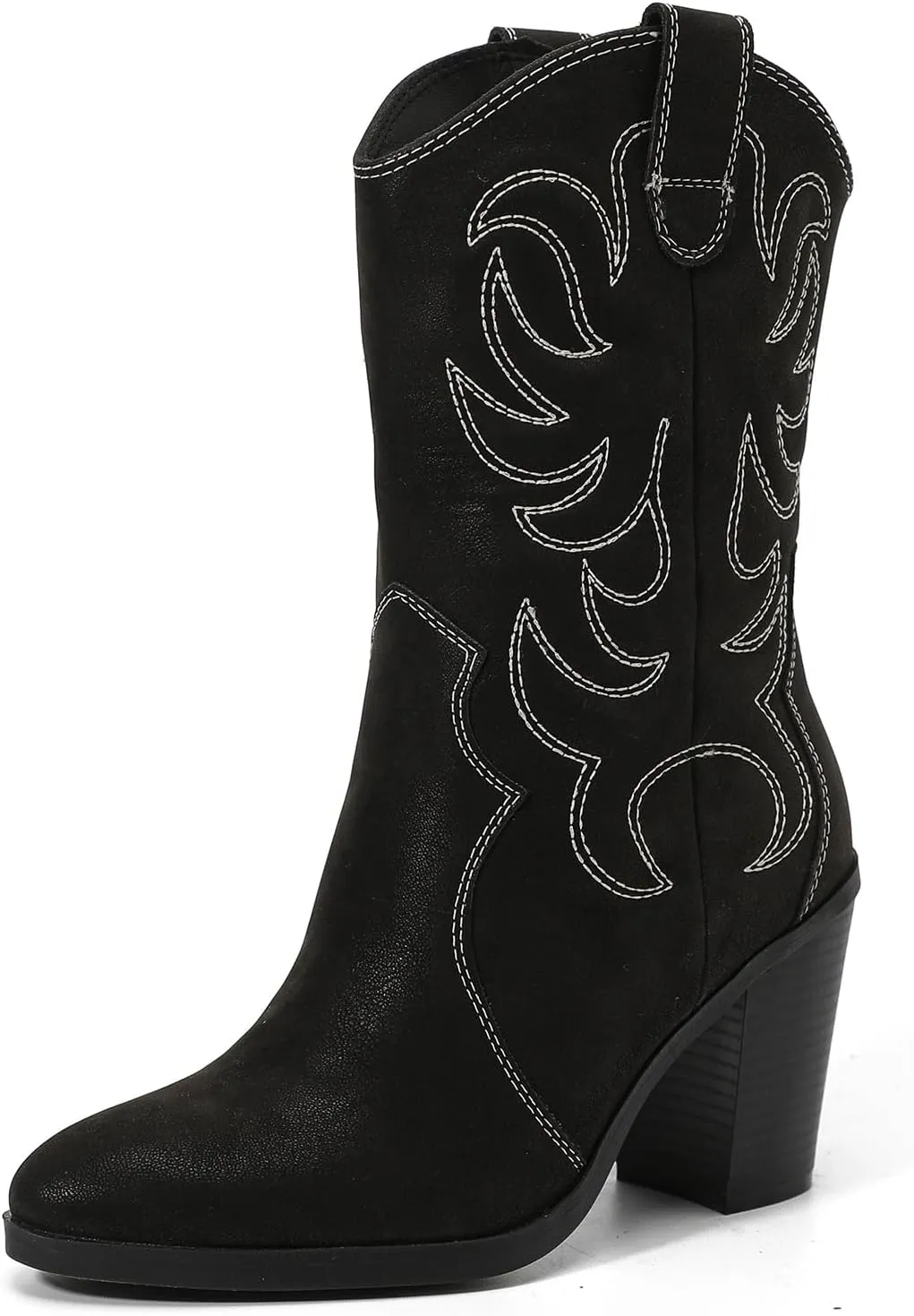 Women's Mid Calf Western Boots Pointed Toe Cowboy Boots Chunky Pump Heel Cowgirl Boots.