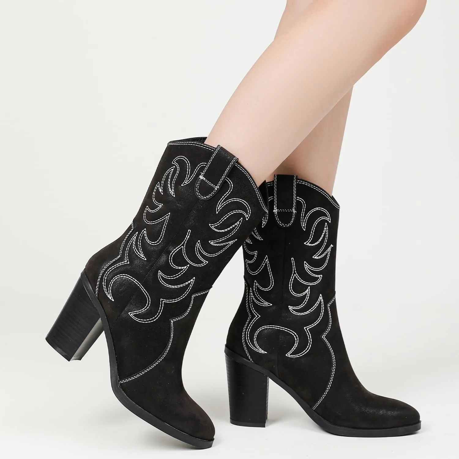 Women's Mid Calf Western Boots Pointed Toe Cowboy Boots Chunky Pump Heel Cowgirl Boots.