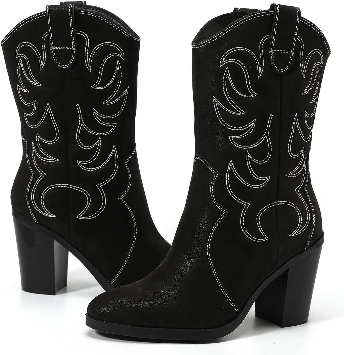 Women's Mid Calf Western Boots Pointed Toe Cowboy Boots Chunky Pump Heel Cowgirl Boots.