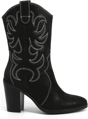 Women's Mid Calf Western Boots Pointed Toe Cowboy Boots Chunky Pump Heel Cowgirl Boots.