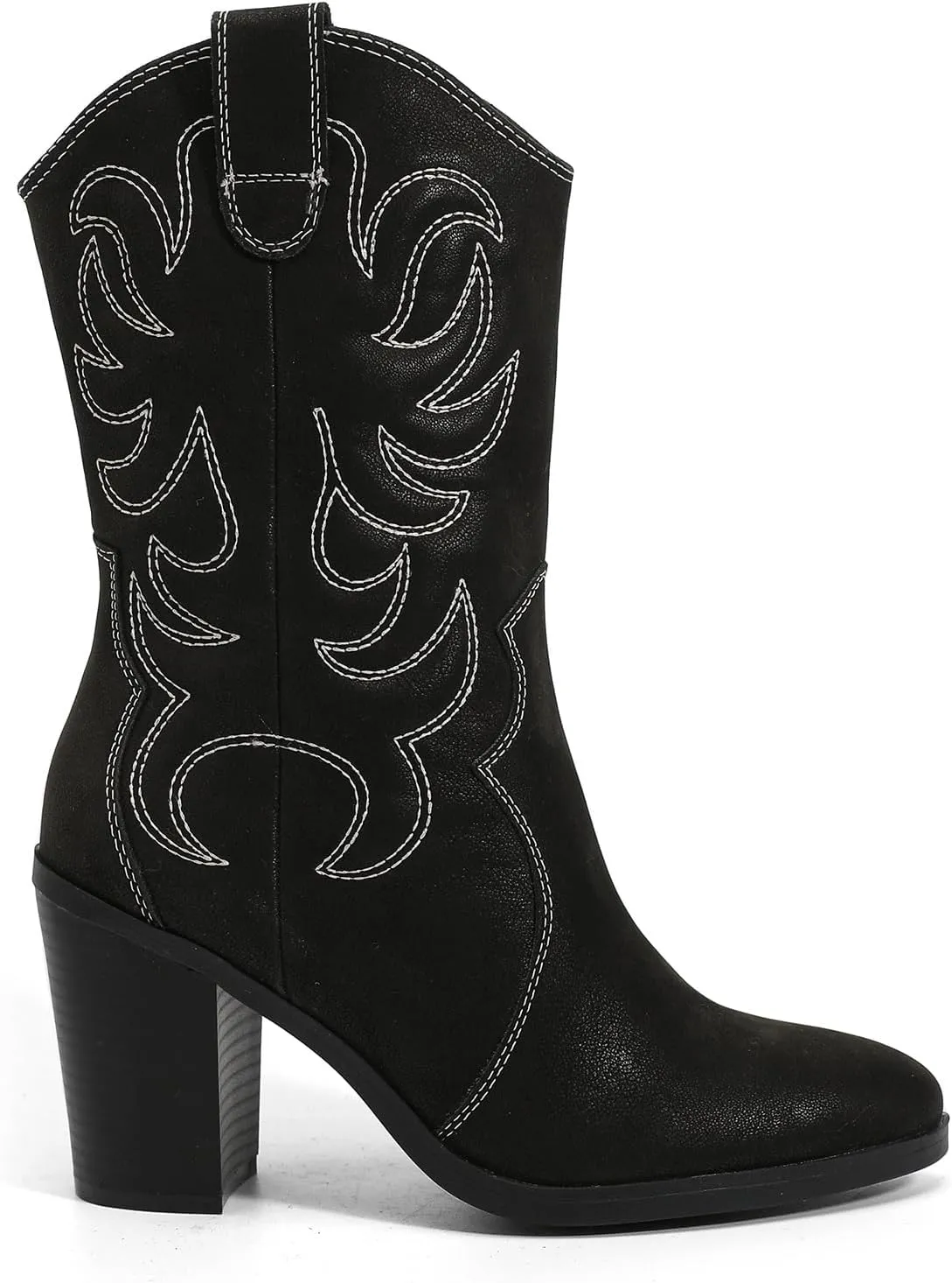 Women's Mid Calf Western Boots Pointed Toe Cowboy Boots Chunky Pump Heel Cowgirl Boots.