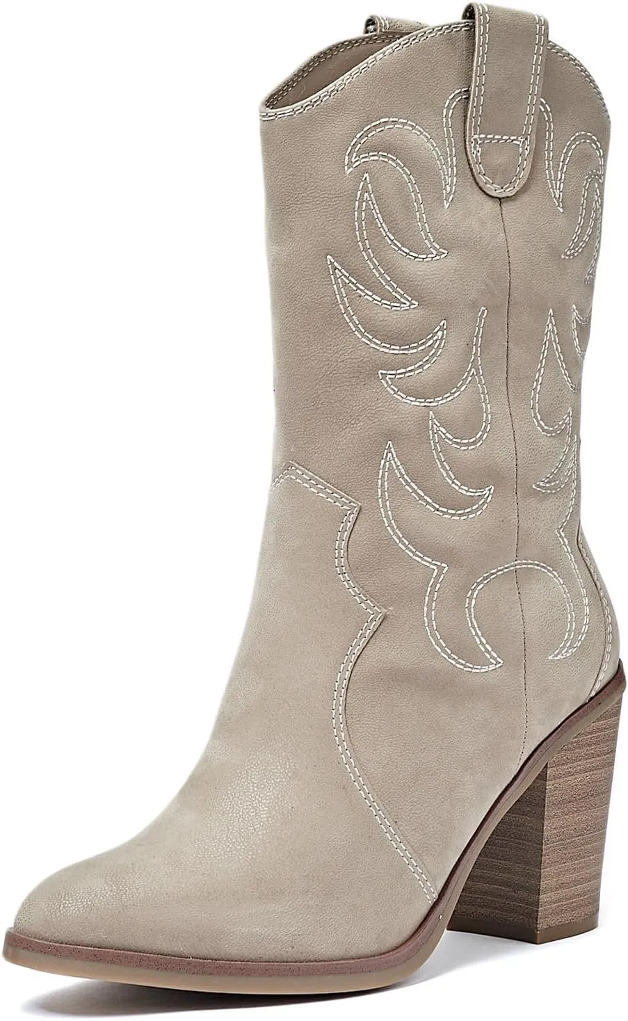Women's Mid Calf Western Boots Pointed Toe Cowboy Boots Chunky Pump Heel Cowgirl Boots.