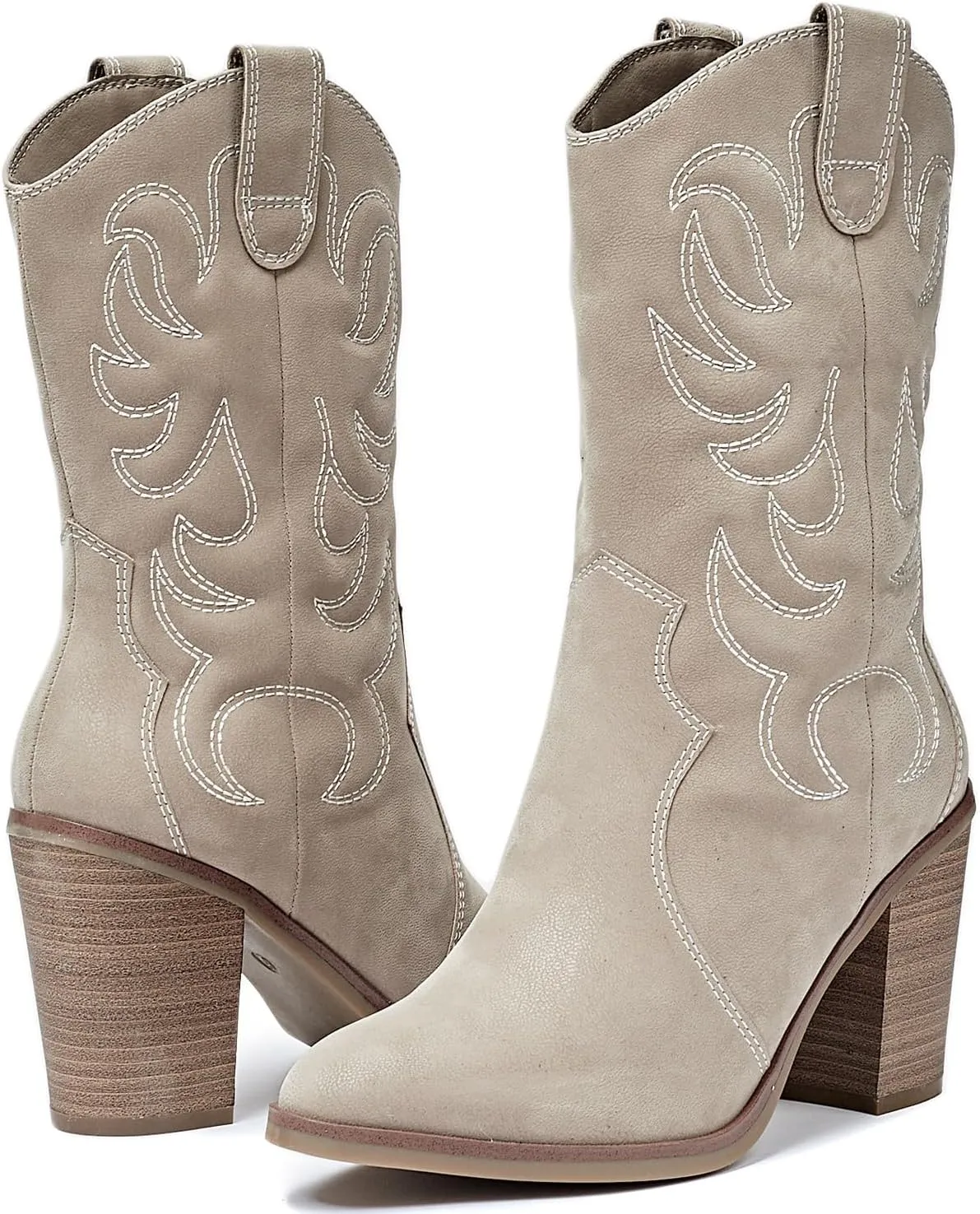Women's Mid Calf Western Boots Pointed Toe Cowboy Boots Chunky Pump Heel Cowgirl Boots.