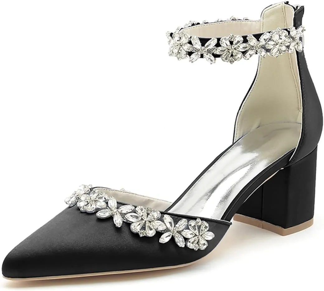 Women's Pointed Toe Block Heels Crystal Chunky Wedding Pumps Dress Shoes Low Heel Comfortable Pump Sandals