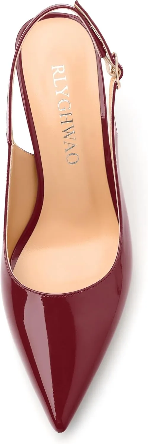 Women's Pumps, Pointed Toe High Heels, Slingback with Buckle, Fashion Solid Patent Pumps for Working Partying Wedding