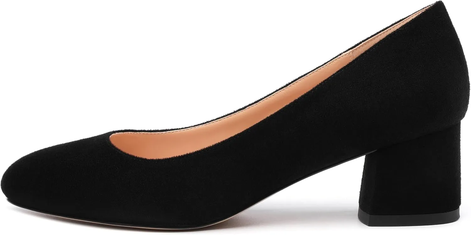 Women's Pumps, Round Closed Toe Low Chunky Heels, Fashion Slip On Comfort Solid Faux Suede Pump Shoes for Women