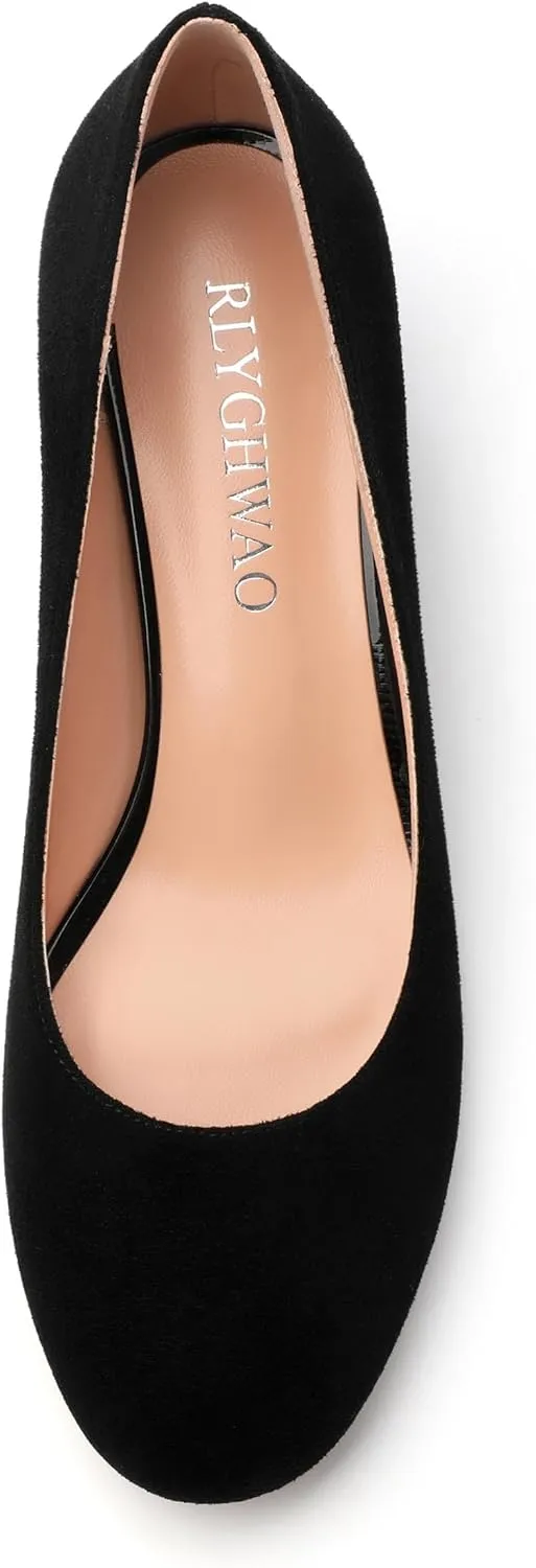 Women's Pumps, Round Closed Toe Low Chunky Heels, Fashion Slip On Comfort Solid Faux Suede Pump Shoes for Women