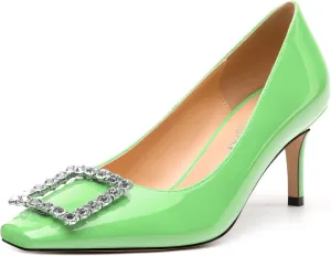 Womens Pumps, Small Square Toe Kitten Heels Pumps for Women, Rhinestone Square Buckle Decoration Daily Dress Pump Shoes 2.5"