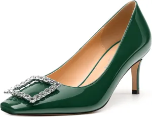 Womens Pumps, Small Square Toe Kitten Heels Pumps for Women, Rhinestone Square Buckle Decoration Daily Dress Pump Shoes 2.5"