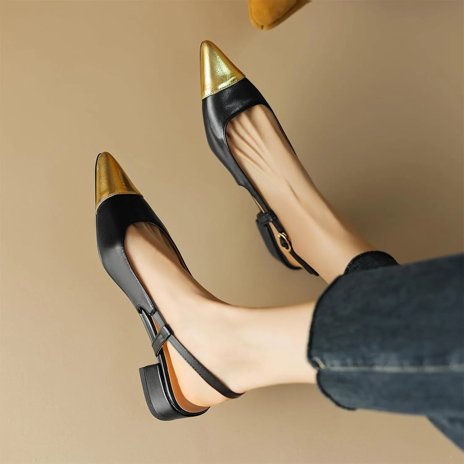 Women's Retro Cap Pointed Closed Toe Pump Slip-On Slingback Two Toned Chunky Low Block Heel Buckle Classic Work Office Church Casual Comfort Dress Shoes Business Party Shopping Dating Sandals