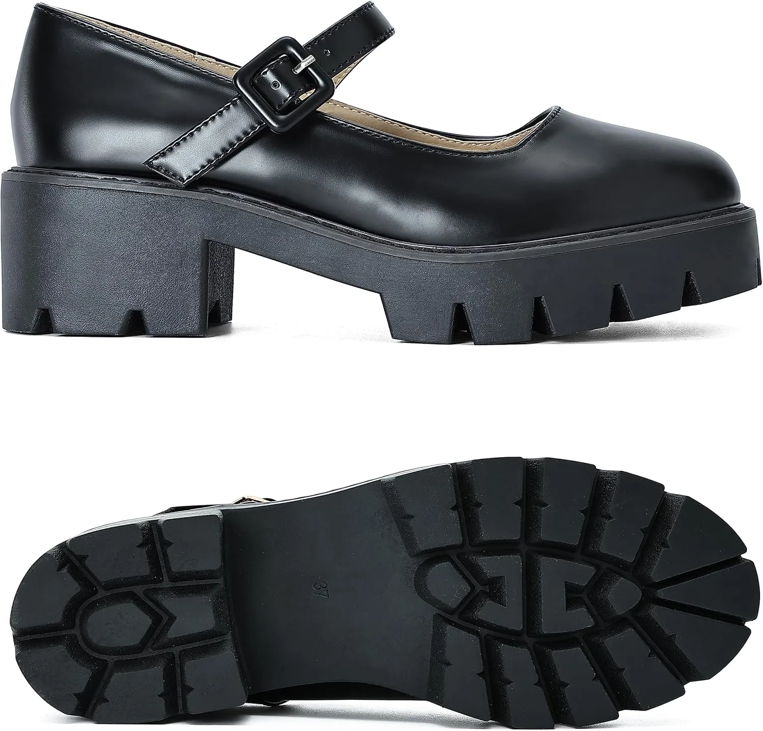 Women's Round Toe Ankle Strap Mary Janes Platform Low Heel Chunky Pumps Oxford Dress Shoes