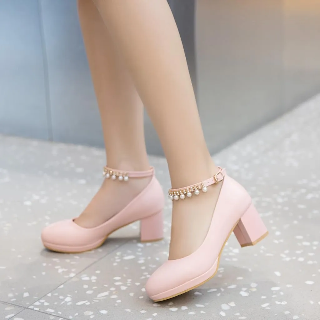 Women's Round Toe Pearls Ankle Strap Dress Pumps Shoes Comfortable Mid Heels Girls Mary Jane Shoe