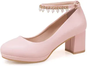 Women's Round Toe Pearls Ankle Strap Dress Pumps Shoes Comfortable Mid Heels Girls Mary Jane Shoe