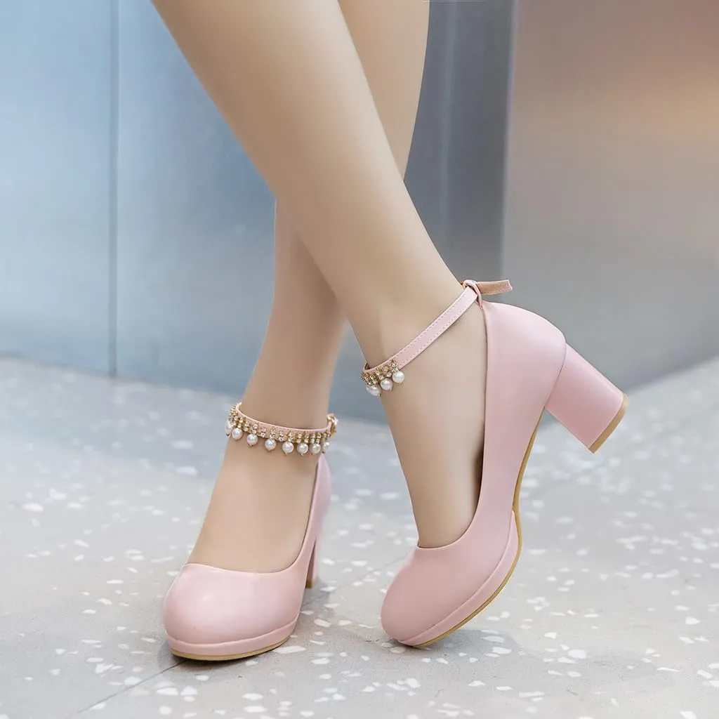 Women's Round Toe Pearls Ankle Strap Dress Pumps Shoes Comfortable Mid Heels Girls Mary Jane Shoe