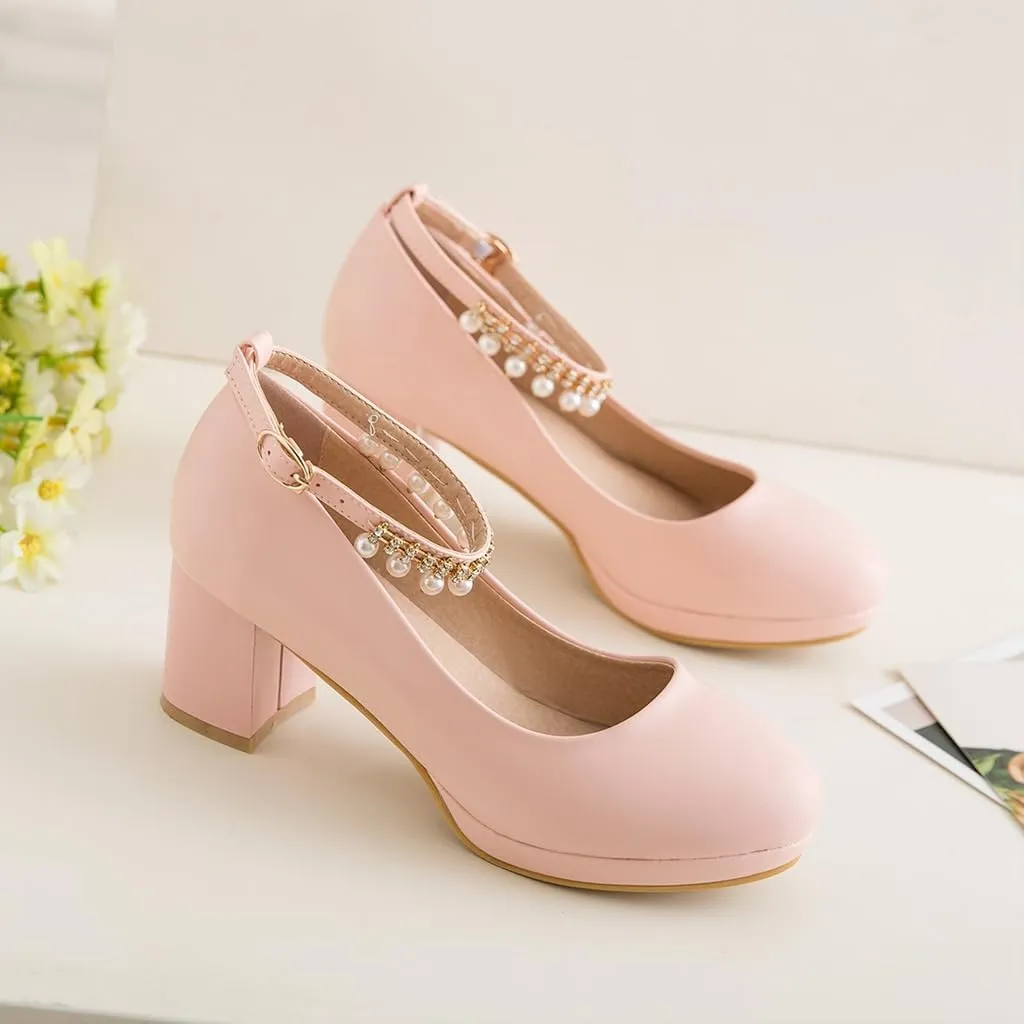 Women's Round Toe Pearls Ankle Strap Dress Pumps Shoes Comfortable Mid Heels Girls Mary Jane Shoe