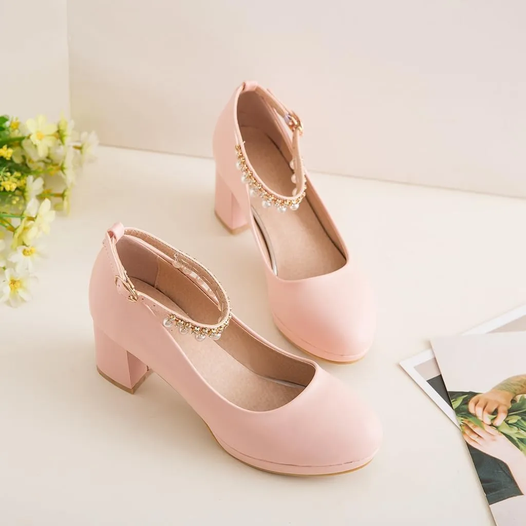 Women's Round Toe Pearls Ankle Strap Dress Pumps Shoes Comfortable Mid Heels Girls Mary Jane Shoe