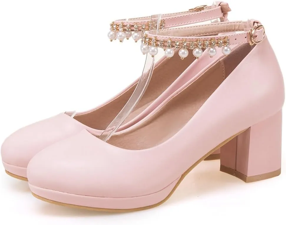 Women's Round Toe Pearls Ankle Strap Dress Pumps Shoes Comfortable Mid Heels Girls Mary Jane Shoe