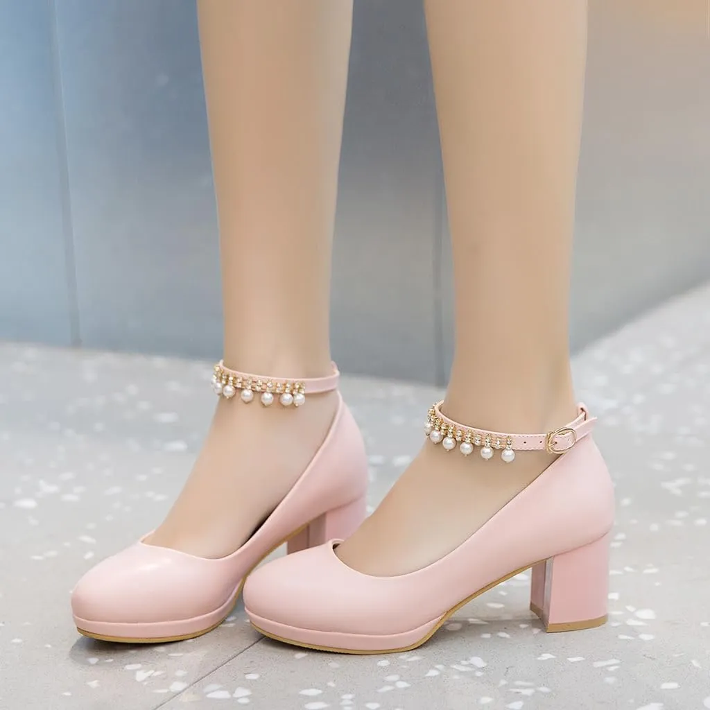 Women's Round Toe Pearls Ankle Strap Dress Pumps Shoes Comfortable Mid Heels Girls Mary Jane Shoe