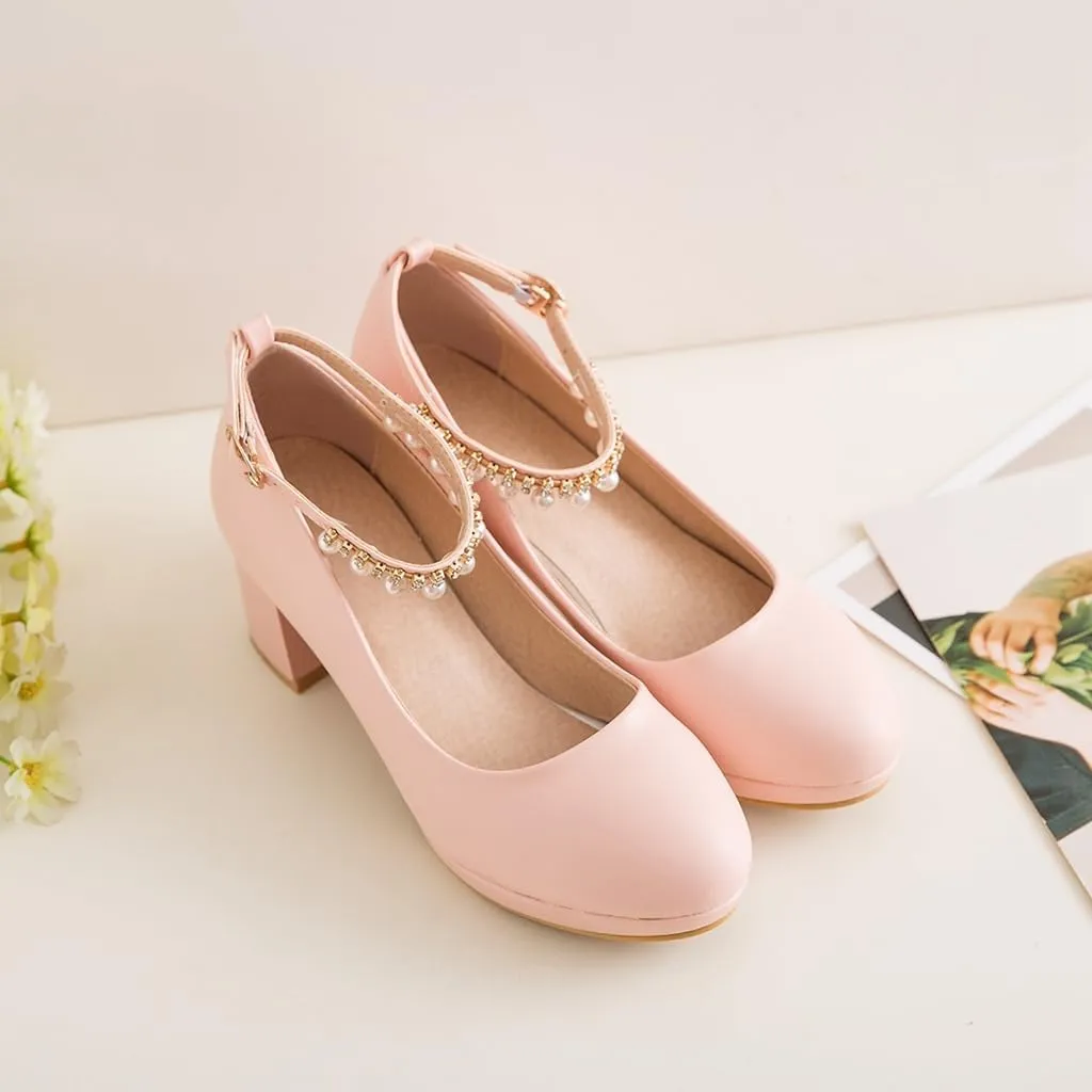 Women's Round Toe Pearls Ankle Strap Dress Pumps Shoes Comfortable Mid Heels Girls Mary Jane Shoe