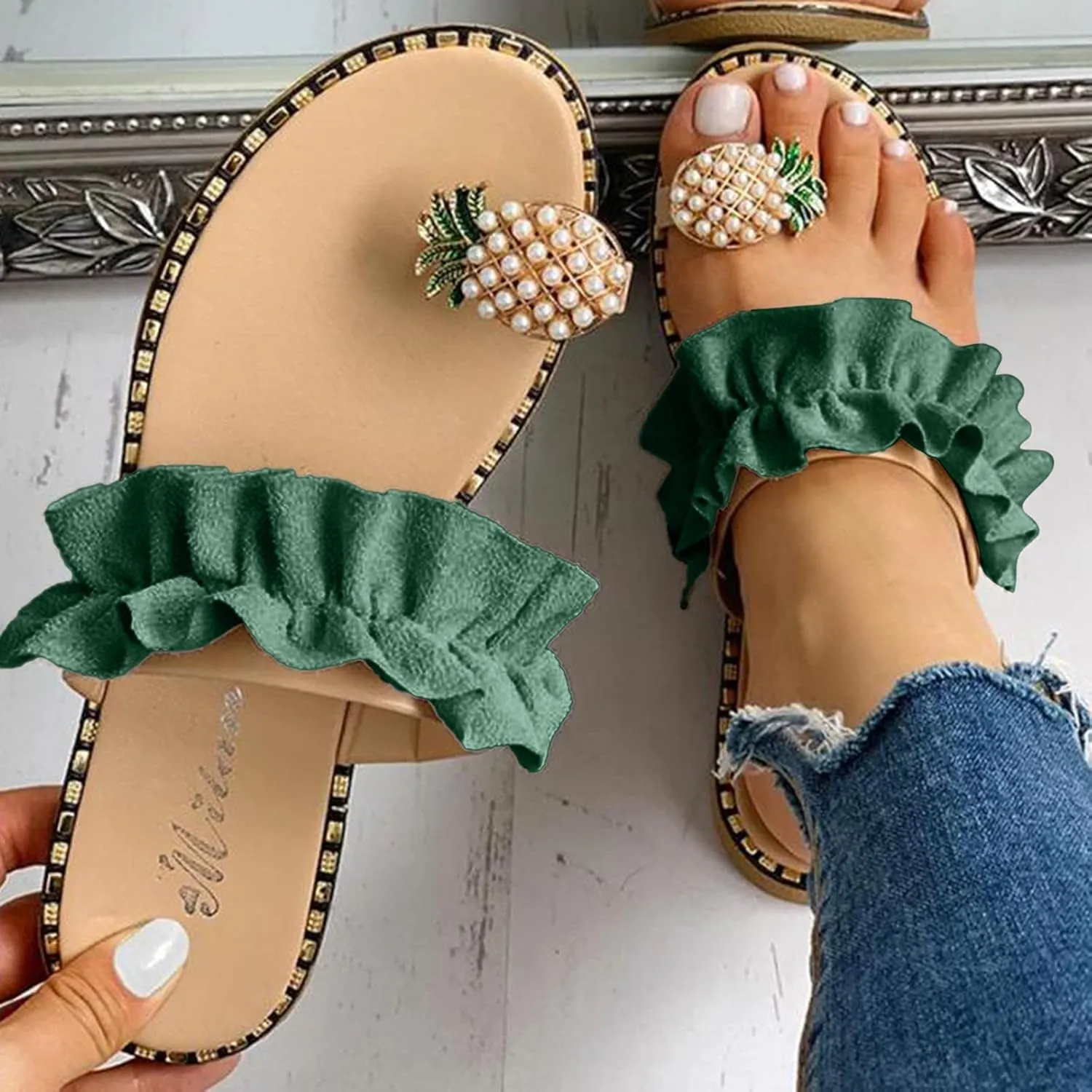Womens S Slippers Women's Pearl Pineapple Rhinestone Flat Sandals Crystal Bohemian Slides Slippers for Women Hard