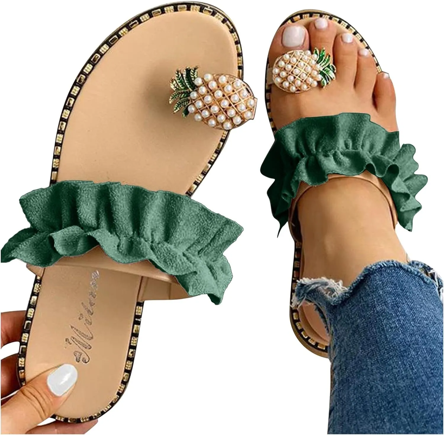 Womens S Slippers Women's Pearl Pineapple Rhinestone Flat Sandals Crystal Bohemian Slides Slippers for Women Hard