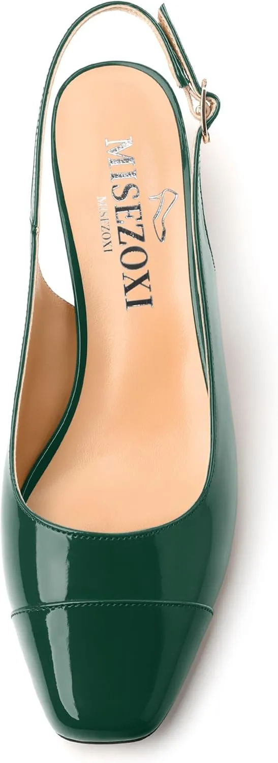 Women's Slingback Pumps, Low Chunky Heels Square Toe Pumps for Women, Block Heels Dress Shoes Closed Toe Comfortable Wedding Work Pump Sandals
