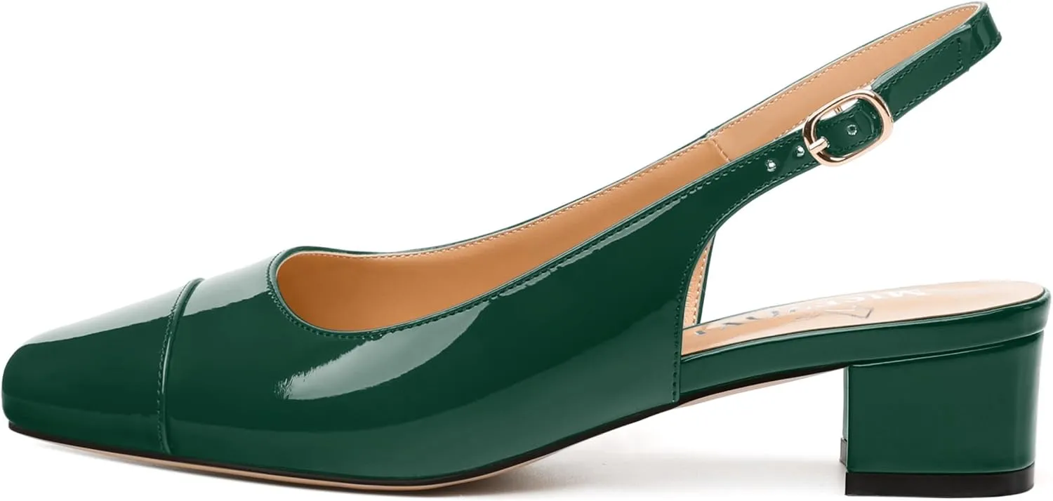 Women's Slingback Pumps, Low Chunky Heels Square Toe Pumps for Women, Block Heels Dress Shoes Closed Toe Comfortable Wedding Work Pump Sandals