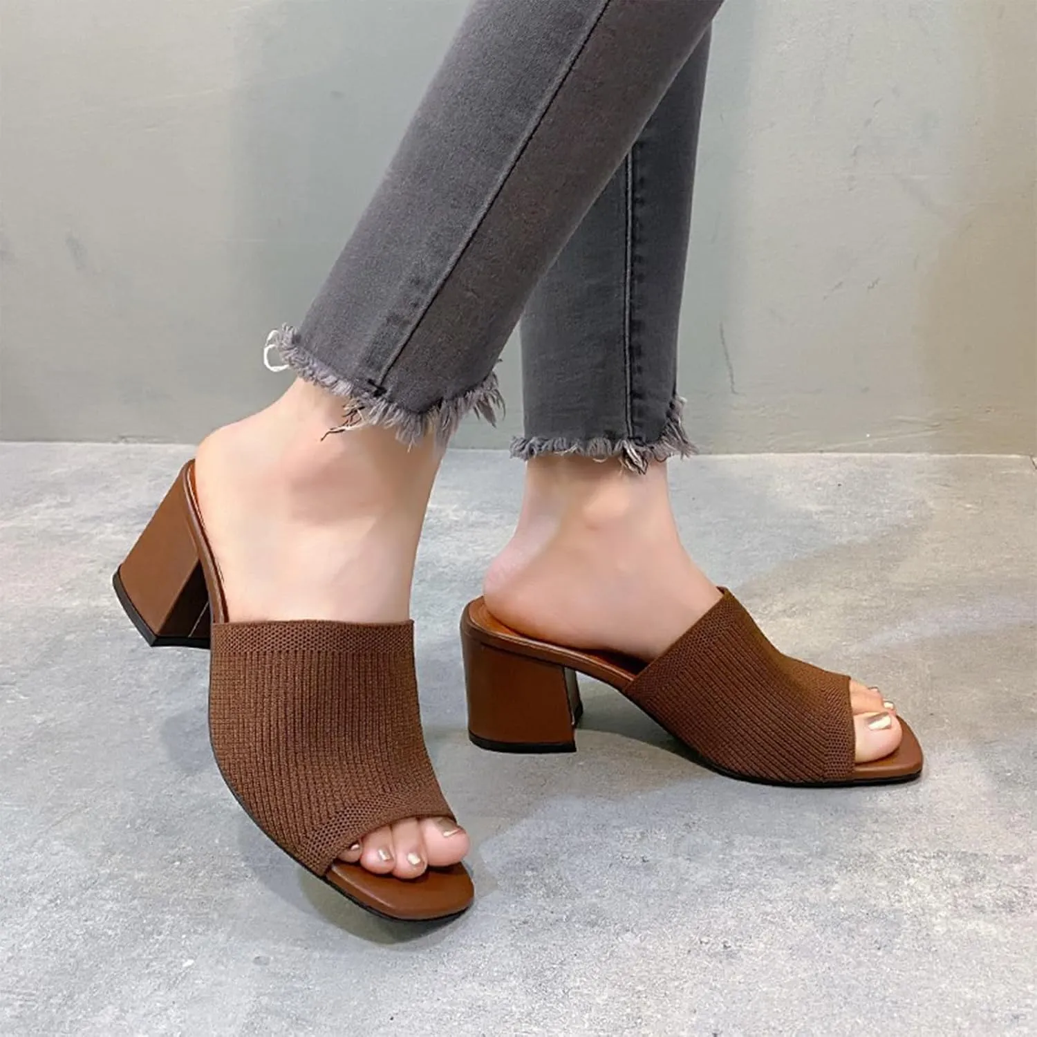Women's Square Open Toe Knitted Mules Comfortable Breathable Slip On Chunky Block Heel Slide Sandals Dress Party Work Shoes
