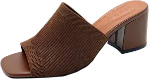 Women's Square Open Toe Knitted Mules Comfortable Breathable Slip On Chunky Block Heel Slide Sandals Dress Party Work Shoes