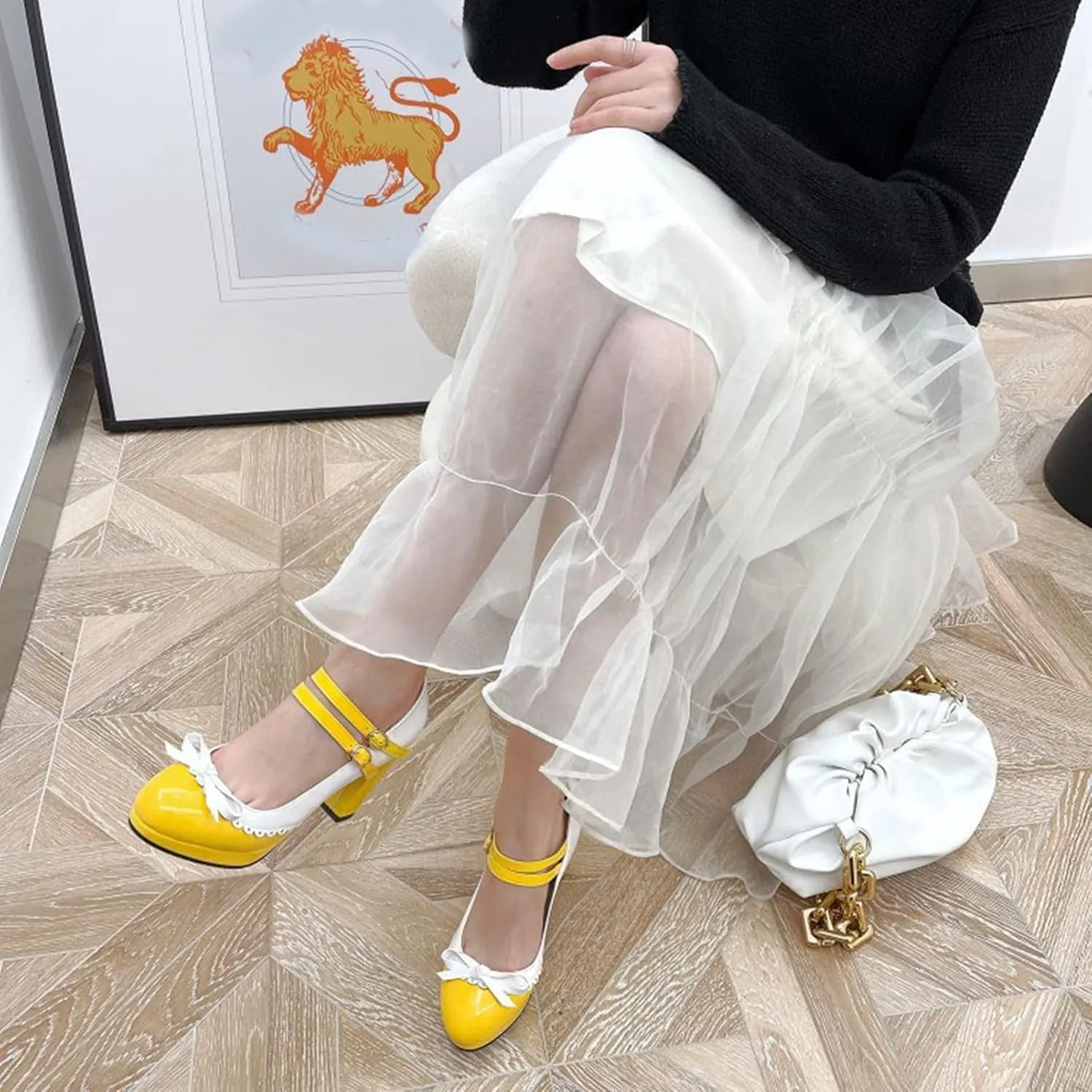 Women's Sweet Bow High Heel Dress Shoes Platform Ankle Strap Two Tone Round Toe Wedding Party Pumps