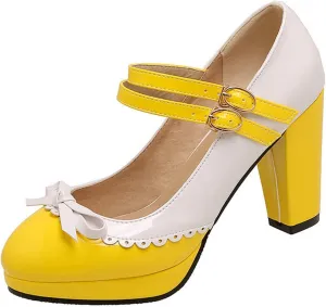Women's Sweet Bow High Heel Dress Shoes Platform Ankle Strap Two Tone Round Toe Wedding Party Pumps