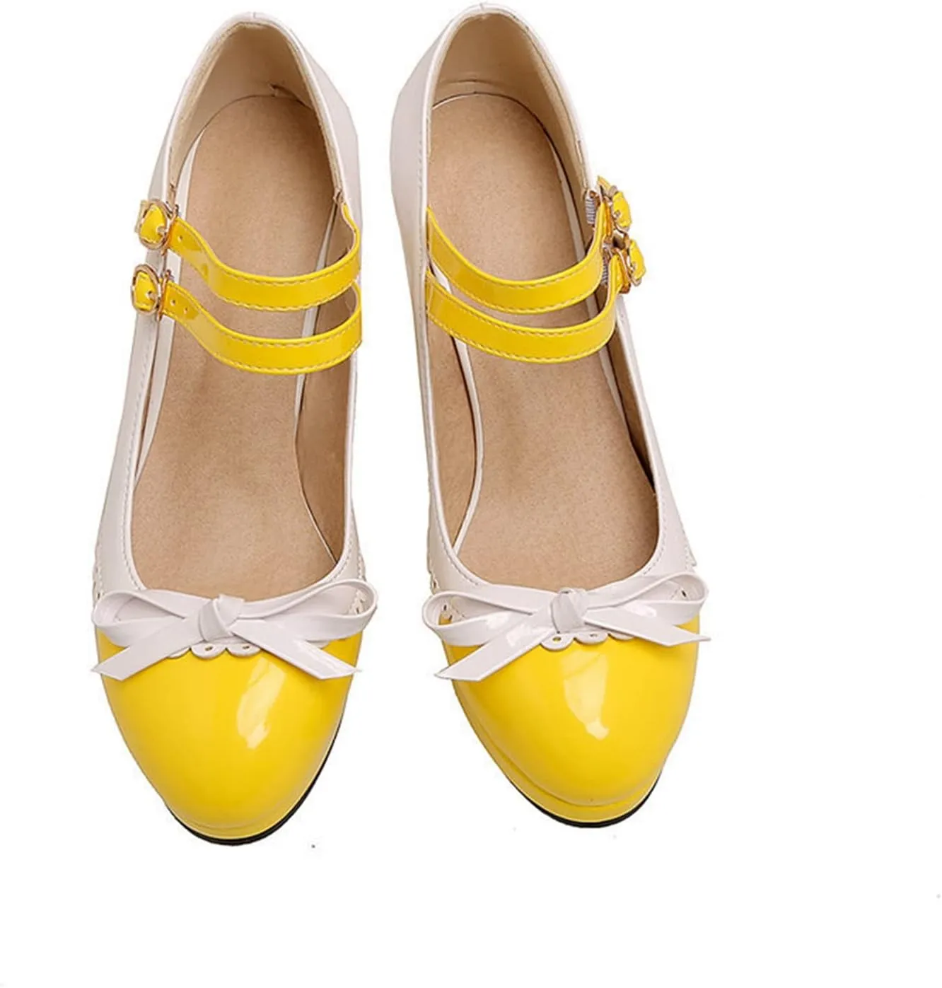 Women's Sweet Bow High Heel Dress Shoes Platform Ankle Strap Two Tone Round Toe Wedding Party Pumps